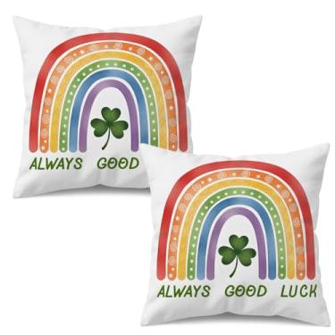 Imagem de UZFNY Capas de almofada de dia de São Patrício 45,7 x 45,7 cm Conjunto de 2 capas de almofada com design arco-íris e trevo, fronhas decorativas de dupla face "Always Good Luck" para sofá, decoração de