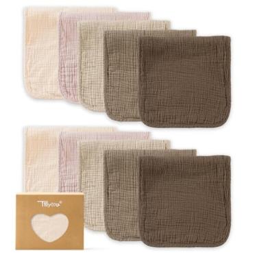 Imagem de TILLYOU Panos para arrotar musselina bebê menino menina 50,8 cm x 25,4 cm, 6 camadas absorventes 100% algodão panos grandes macios, pacote com 10 (marrom gradiente)