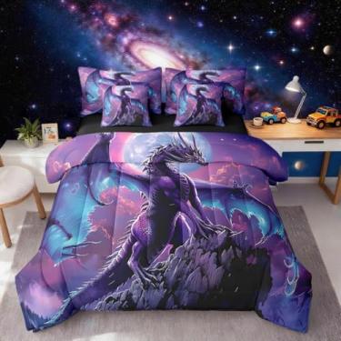 Imagem de Erosebridal Jogo de cama Dragon Queen, galáxia roxa em uma bolsa, conjunto de edredom de dragão 3D com lençóis, vida selvagem da selva, conjunto de cama 7 peças, decoração de quarto