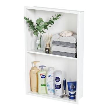 Imagem de Neohomee Nicho de chuveiro embutido com prateleira - Armário de parede de banheiro de aço inoxidável de 2 camadas, sem necessidade de azulejo, fácil instalação, à prova d'água (branco, 35 x 61 cm)