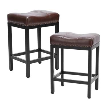 Imagem de NEWBULIG Conjunto de bancos de bar de couro PU de 5,60 cm, banquetas de barra de altura de balcão, banquetas de sela estofadas de couro PU moderno com apoios para os pés para ilha de cozinha, café,