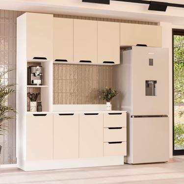 Imagem de Cozinha Modulada 4 Peças com Tampo e Rodapé Maeena Politorno - Branco/Creme