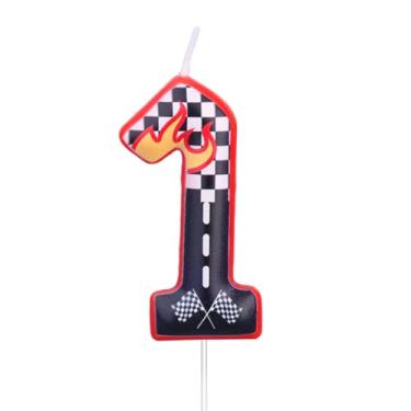 Imagem de Vela Aniversário com Tema Carros Corrida, Topo Bolo Xadrez Preto Branco e Vermelho Decoração Festa com Tema Carro Aniversário (Número 1)