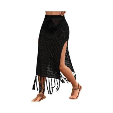 Imagem de Saia Sarong Feminina De Tricô Texturizado Com Fenda Alta E Franjas, Sa