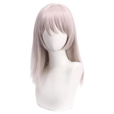 Imagem de Peruca de cosplay média longa rosa cinza com franja natural de 50 cm -