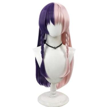 Imagem de Peruca de cosplay bicolor roxa e rosa com 80 cm de comprimento com tra
