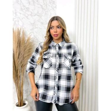 Imagem de Camisa Xadrez Manga Longa Feminina Com Bolsos  - Xora Menina, Cinza, G
