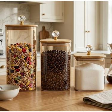 Imagem de Kit Potes Herméticos de Vidro Quadrado Âmbar com Tampa de Bambu Porta 