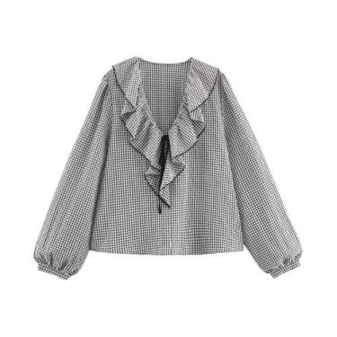 Imagem de Camisa Feminina De Manga Longa Com Estampa Xadrez Vermelha, Outono 202