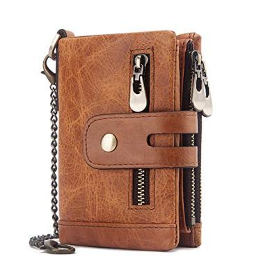 Imagem de Carteira Masculina Couro Genuíno Dobrável, Bolso para Moedas, Clipe para Dinheiro Bloqueio de RFID Corrente Zíper Chaveiro Amarela