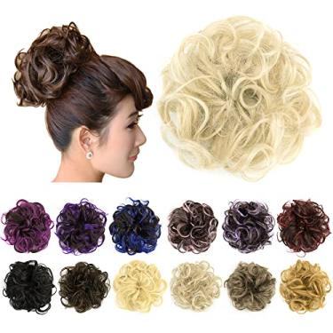 Imagem de IMISSU 2PCS de cabelo bagunçado coque updo scrunchies falsos rabo de cavalo extensão de cabelo ondulado encaracolado chignon faixa de cabeça para meninas (2PCS Loira da Praia)