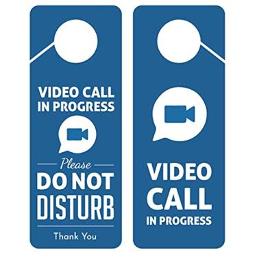 Imagem de Design empresarial, placa de cabide de porta em andamento, chamada de vídeo em andamento, pacote com 2, dupla face, ideal para sessões e reuniões online, aulas on-line, escritórios em casa