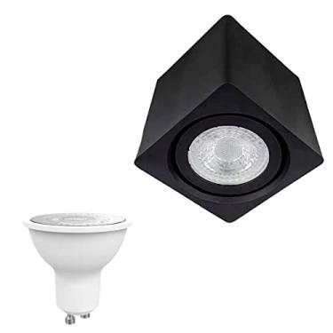 Imagem de Kit Spot Quadrado Sobrepor Direcionável + Lâmpada MR16 GU10 Dicroica (Branco Neutro, Preto)
