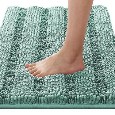 Imagem de Tapetes de banheiro para banheiro, antiderrapante, luxuoso, listrado, de chenille, absorvente, antiderrapante, tapetes macios e macios, laváveis, secos, tapetes de pelúcia rápida, tapetes para banheiro, banheira, Eggshell Blue, 20" x 32"