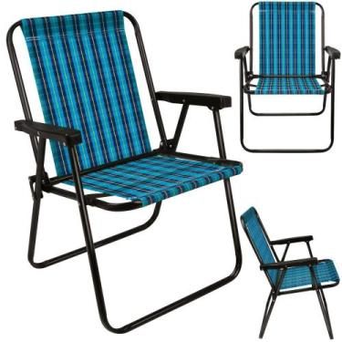 Imagem de Cadeira De Praia Alta Dobravel Aco Xadrez Azul E Preta  Mor
