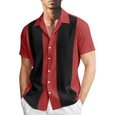 Imagem de Camisa vintage de boliche com botões solta, manga curta, vintage, casual, para praia, camisas sociais engraçadas dos anos 1950 para homens, 0112f-vermelho, GG