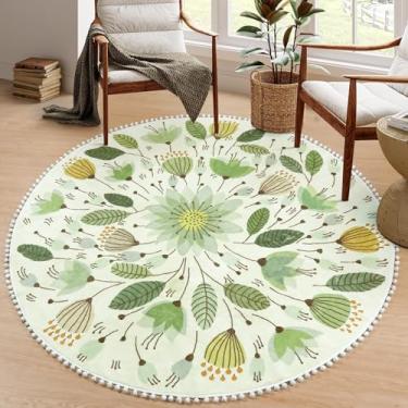 Imagem de Uphome Tapete redondo para quarto 4' círculo bonito tapete de área com pompons franjas planta floral lavável tapetes antiderrapantes macios para entrada lavanderia sala de estar quarto de crianças berçário, verde