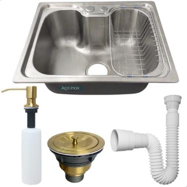 Imagem de Dona D Cor, Cuba Inox 304 Pia Cozinha Gourmet 50x40 Sobrepor Bancada Com Cesto Escorredor Dispenser 350ml Dourado Valvula Higienica E Sifão Flexivel Universal