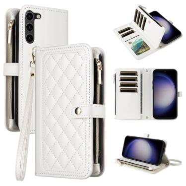 Imagem de Dswteny Capa carteira para Samsung Galaxy Z Fold 6 5G 2024 com alça de pulso flip zíper suporte macio padrão Argyle capa de celular para ZFold6 Z6 G Fold6 6Z mulheres meninas branca