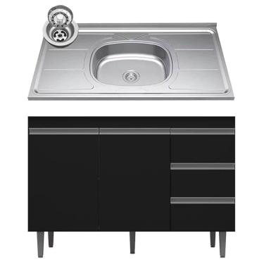 Imagem de Balcão De Cozinha Com Pia Inox 100cm 3 Gavetas Andréia Preto - Ajl Móveis