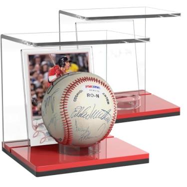 Imagem de FEMELI Suporte Para Estojo De Beisebol: 2 Peças Caixa Acrílico Transparente Bolas Com Base/Slot Cartão - Protetor Autógrafos Softball (Vermelho)