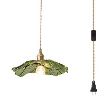 Imagem de AULLAZFR Luminárias Pendentes Estilo Moderno, Luzes De Vidro Verde, 14 Pés, Corda Cânhamo, Abajur Flores E Acabamento Em Latão Dourado Com Interruptor Liga/Desliga, Luminária Teto Para Casa Fazenda