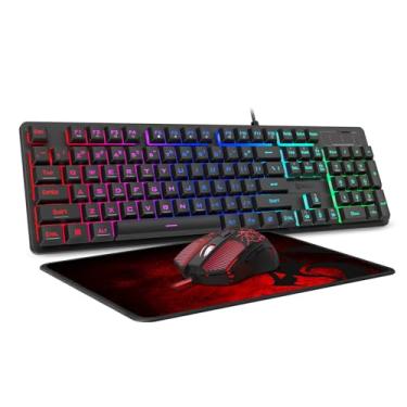 Imagem de Redragon Combo de teclado e mouse para jogos S107, mouse pad grande com toque mecânico RGB retroiluminado 3200 DPI para Windows PC (teclado e mouse pad)