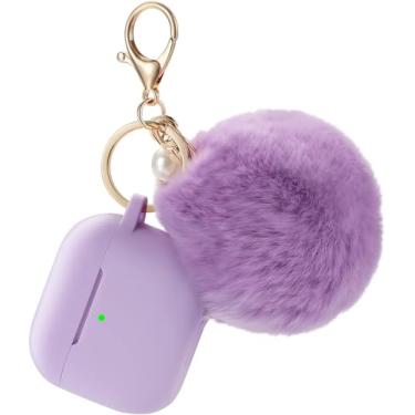 Imagem de Capa protetora para AirPods 4ª geração, capa de silicone macio com pompom fofo e kit de chaveiro (roxo)