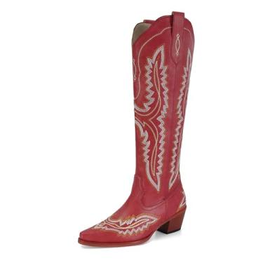 Imagem de SOVANYOU Botas femininas caubói ocidentais bico fino amêndoa salto bloco brilhante cowgirl bota alta, Bordado vermelho, 37