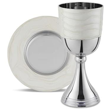 Imagem de Zion Judaica Pessach Seder Luxuoso Esmalte Branco Conjunto de Copos Kiddush Caixa de Presente Polido Niquelado Branco Esmalte Elegante Copo de Vinho 14,6 cm Cálice Elijah e Bandeja Combinando
