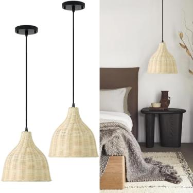 Imagem de TERLEENART Conjunto de 2 luzes pendentes de vime com fio rígido, lustre de vime boho com cúpula de 25 cm, cesta de lâmpada pendurada à mão para cozinha costeira, ilha, sala de jantar, sala de estar