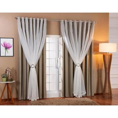 Imagem de Cortina Voil Forro Blackout Tecido 4,00X2,80 Palha/Branco - Doce Lar E