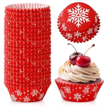Imagem de AnyDesign 300 peças de forros de cupcake de Natal, envoltórios de cupcake, vermelho, branco, papel de floco de neve, de inverno, copos de sobremesa descartáveis para bolos de Natal e festas