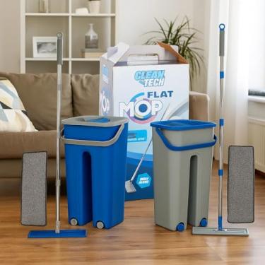 Imagem de Mop Flat Lava e Seca com Balde 2 Refis Microfibra – Cabeça 360° | Cabo Inox 120cm | Sistema de Lavagem e Secagem | Ideal para Pisos Frios, Madeira, Porcelanato