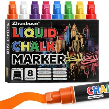 Imagem de Zhenbuco Marcadores de giz jumbo para janela – 8 cores vibrantes | Ponta grossa 3 em 1 de 10 mm | Canetas de giz líquido laváveis para janelas de carros, vidros, placas de bistrô, pôster