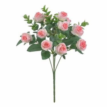 Imagem de 10 cabeças de flores artificiais de seda rosa branca folhas de eucalipto peônia buquê flor falsa para mesa de casamento festa vaso decoração de casa (4)