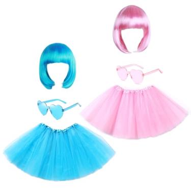 Imagem de Maticr Conjunto de 6 peças de perucas engraçadas de cabelo bob e óculos de sol tutu, fantasia de festa de Halloween neon dos anos 80 (azul neon rosa)