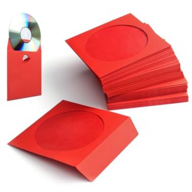 Imagem de Flexzion Pacote com 100 capas de CD de DVD – Capas de CD de papel premium para música, filme, videogame, disco – Armazenamento de envelopes de CD com recorte de janela e aba, vermelho