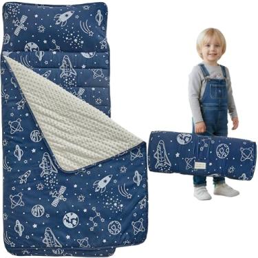 Imagem de Tapete de cochilo infantil com travesseiro removível e cobertor de lã Minky, tapete de cochilo enrolado extragrande, sacos de dormir para meninos, tapete de dormir infantil para creche, jardim de