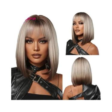 Imagem de Peruca Sintética Preta Lisa Curta Com Franja Para Mulheres, Cabelo Afr