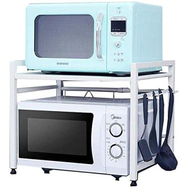 Imagem de Prateleira de cozinha estável, suporte de forno de micro-ondas, aço inoxidável, telescópico, com ganchos, suporte de 2 camadas durável