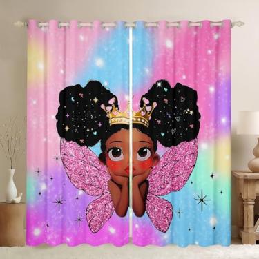 Imagem de Feelyou Linda cortina preta para meninas (2 painéis, 96 x 119 cm) afro-americana 30%-50% blackout para decoração de quarto de crianças, meninos, meninas, asas de fada, tema de princesa, cortina