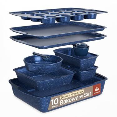 Imagem de Conjuntos de utensílios de cozinha Blue Marble com 10 peças, assadeiras e assadeiras de aço carbono antiaderentes, assadeiras empilháveis que economizam espaço, podem ser lavadas na lava-louças