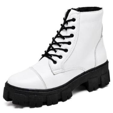 Imagem de Bota Coturno Militar de Couro Feminina Plataforma Cano Medio Cadarço Palmilha Conforto Macia-Feminino