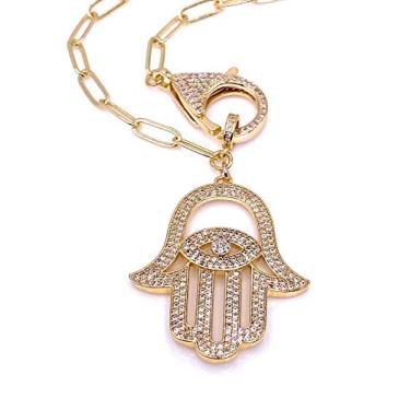 Imagem de Deslumbrante colar de mão Hamsa de ouro para mulheres joias de proteção de corrente banhada a ouro 18K, médio, zircônia cúbica, banhado a ouro, Medium, Zircônia cúbica, Banhado a ouro
