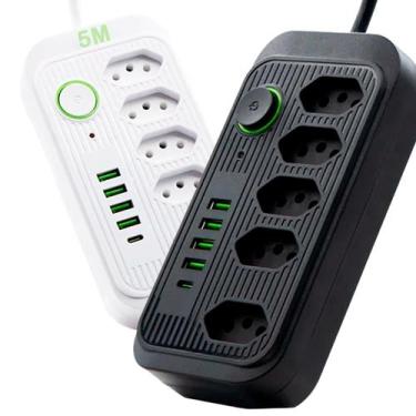 Imagem de Extensão 5 Metros Régua Elétrica Filtro de linha Completo 5 Tomadas 4 