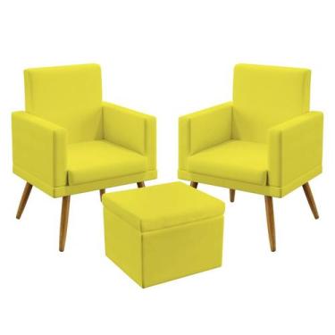 Imagem de 2 Poltronas Vega Almofadada com Rodapé com Puff Quasar Sued Amarelo Ar