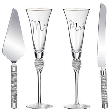Imagem de Boao Conjunto de 4 peças de taças de champanhe e faca de bolo para servir de cristal Sr. e Sra. Conjunto de corte de bolo de strass para noivas e noivos, presentes de chá de panela (prata)