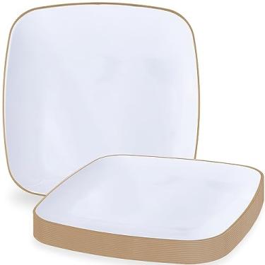 Imagem de Blue Sky Pratos descartáveis brancos orgânicos quadrados de 15,24 cm (10 unidades) | Louça de plástico com borda dourada essencial para festa
