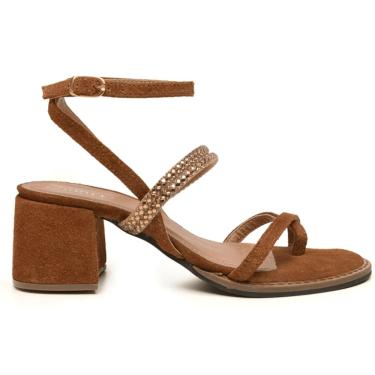 Imagem de Sandália Couro Feminina Tiras Strass Ferrugem Veronica